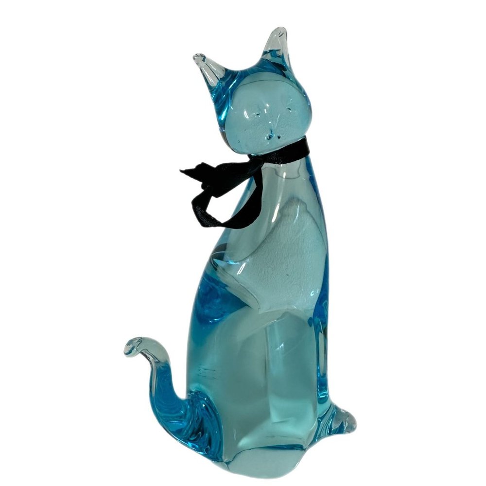 Blue Art Glass 6“ Sitting Cat Paperweight Figurine Polished